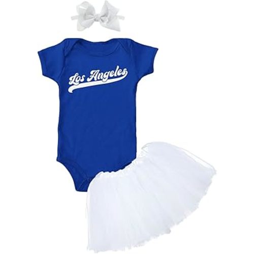 Los Angeles - Baseball Jersey Style Script Baby Bodysuit + Tutu Skirt + Bow Headband Set