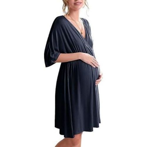 Ekouaer 3 in 1 Labor/Delivery/Hospital Gown Maternity Dress Nursing Nightgown Sleepwear for Breastfeeding Navy Blue L