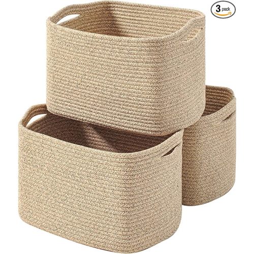 Decorative Storage Baskets for Organizing Shelves, Toy Basket for Nursery, Woven Cotton Rope Baskets for Decor, Towel Basket for Bathroom, 15"x11"x9.5", 3 Packs, Brown