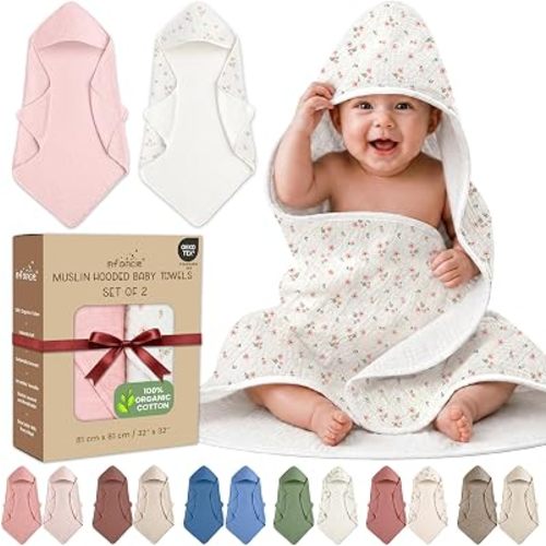 100% Organic Cotton 2 PK Muslin Baby Hooded Towels Newborn 32x32in