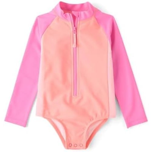The Children's Place Baby Girls' and Toddler Long Sleeve Half Zip One Piece Rashgaurd Swimsuit