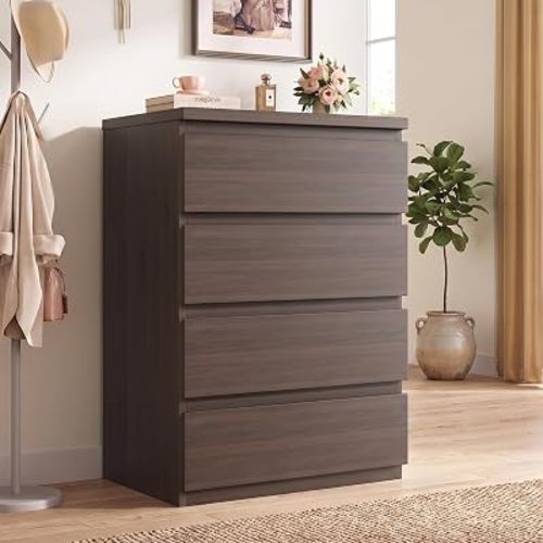 4 Drawer Dresser for Bedroom, Brown Dresser Chest of Drawers, Modern Wood Dressers with Handleless Drawers, 23.6" W x 15.4" D x 32.5" H Storage Dresser for Living Room, Hallway and Entryway-Brown