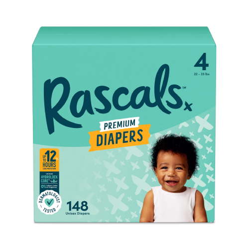 Rascals Premium Absorbent Baby Diapers Size 4, 148 Count