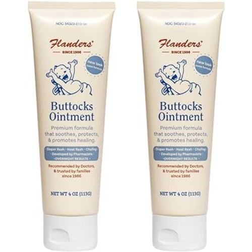 Flanders Buttocks Ointment - Diaper Rash Cream for Treatment & Prevention, Pharmacist Developed, Heat Rash & Chafing in Infants to Adults, Instant Relief (2 Pack of 4oz Tubes)