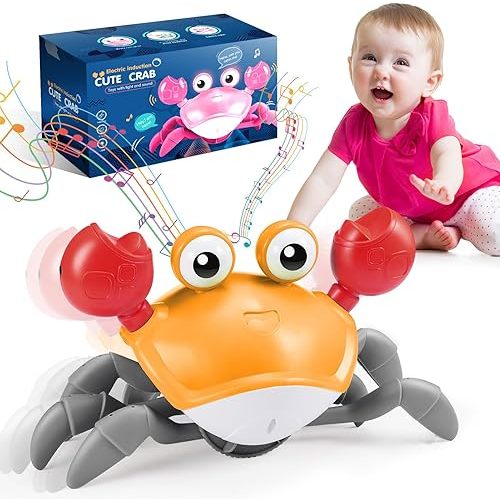 Crawling Crab Baby Toys 6-12 Months, Exssary Tummy Time Toys Sensory Toys for Babies 12-18 Months Toddler Birthday Gifts for 1 2 3 Year Girls Boys Dancing Crab Adjustable Speed & Sound Orange