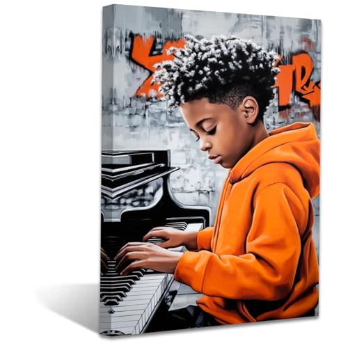 AWPANERAR African American Children Wall Art African Kids Canvas Prints African Music Jazz Picture Black Boy Playing Piano Painting Black Music Artwork Kids Room Framed (18L x 12W)
