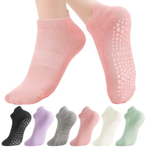 Bocaoying 6 Pairs Pilates Socks with Grips,Cotton Content Breathable Yoga Socks for Women, Athletic Grippy Socks with Stretchable Cuff for Yoga, Pilates, Ballet, Workout, US 5.5-9.5