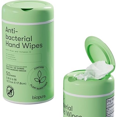 Biopure Antibacterial Hand Wipes Fresh Morning Breeze- Antibacterial Wipes with Aloe and Vitamin E Formula | 5"x7" Wet Wipes Canister | No Parabens, Sulfates or Phthalates, Kills 99% of Germs, 50 ct