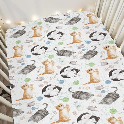 Cute Cat Baby Crib Sheets for Boy Girl 52"x28" Watercolor Cat Paws Mouse Toy Balls Neutral Soft Snug Fitted Crib Mattress Cover Cats Lovers Gift Nursery Baby Sheet for Standard Crib & Toddler Mattress