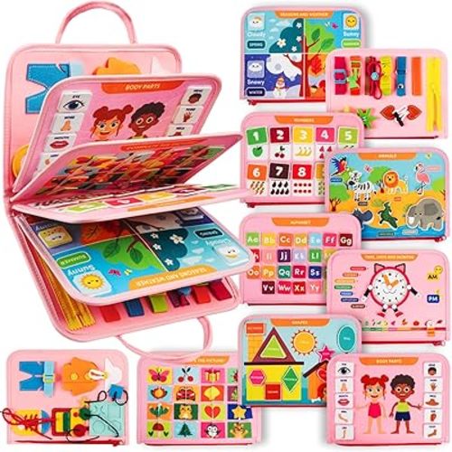 Clever Fox Montessori Busy Board for Toddlers – 20+ Learning Activities Baby Book – Pink (2+)