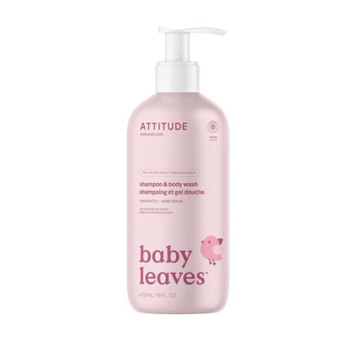 ATTITUDE 2-in-1 Shampoo and Body Wash for Baby, Fragrance-Free EWG Hypoallergenic Plant- and Mineral-Based Ingredients, Vegan and Cruelty-Free, Unscented, 16 Fl Oz