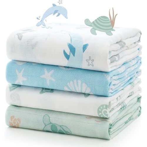 Momcozy Muslin Swaddle Blankets, 4-Pack, Large 47"x47" Ocean Pixie Dream