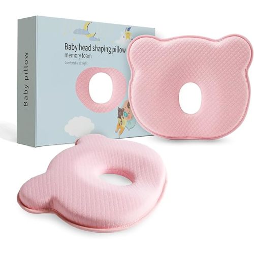 Soft and Breathable Baby Pillow with Memory Foam and Bear Design (Pink)