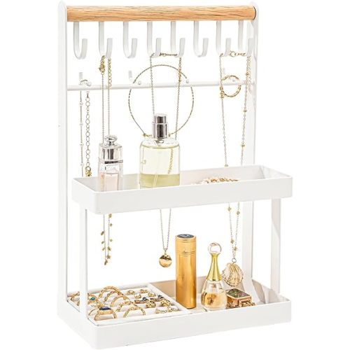 Lolalet 4-Tier Jewelry Organizer, Cute Necklace Holder Stand with 12 Hooks for Teen Girl Aesthetic Room Bedroom Decor -White