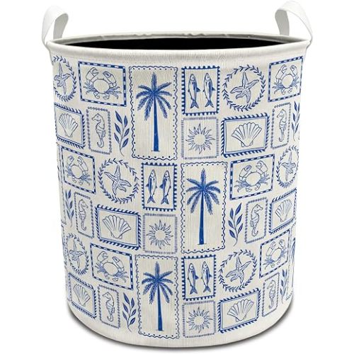 Blue Beach Coastal Laundry Basket with Handles, Summer Tropical Palm Tree Seashell Ocean Collapsible Waterproof Laundry Hamper Clothes Storage Basket for Bedroom Bathroom Home