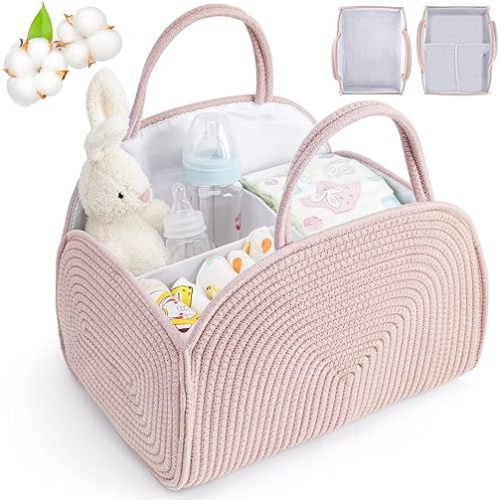 Diaper Caddy Organizer for Baby, Cotton Rope Baby Gift Basket, Portable Diaper Organizer for Changing Table, Diapers Nursery Storage Organizer, Baby Shower Gifts for Newborn