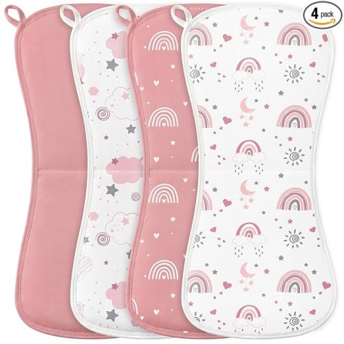FIEMOL Burp Cloths Baby Girl, Large 21'' X 10'' Cotton Burping Cloths for Babies, Ultra Soft and Absorbent Burp Rags, 4 Pack Set Washcloths Newborn Spit Up Rags Pink Rainbow