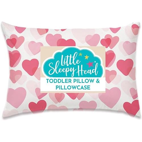 Toddler Bed Pillow with Cotton Pillow Case – 13x18 Kids Pillows for Sleeping, School, Travel & Daycare – Hypoallergenic Toddler Pillow 2 Year Old to 5 with Envelope Pillowcase (Hearts Pink)