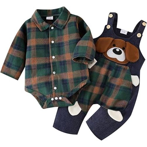 Baby Boy Clothes Infant Outfits Long Sleeve Plaid Bodysuit Romper + Jeans Overalls Jumpsuit Pants Sets