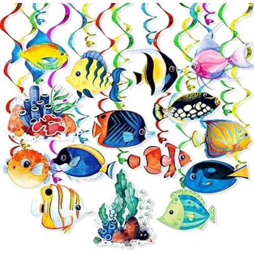 Tropical Fish Hanging Swirls Banner Decor 30 Pack Foil Ceiling Hanging Swirls Streams Banner Decorations Garland for Under the Sea Ocean Celebrating Events Birthday Party Supplies Room Wall Decor
