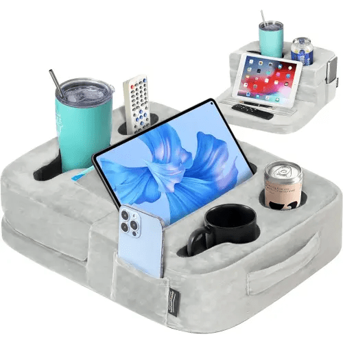 Couch Cup Holder Tray & Tablet Pillow Stand - Bed, Couch Caddy, Sofa, RV & Car - Holds Drinks, Snacks, Remotes, Phones, Tablet - iPad, Galaxy Tab Compatible | Bed Cup Holder (Grey)