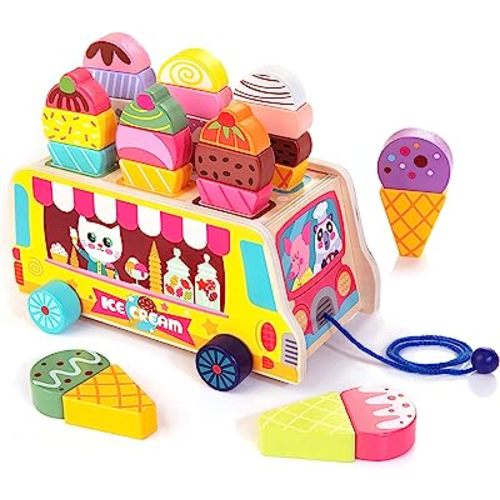 HELLOWOOD Wooden Ice Cream Truck, 28 pcs Magnetic Ice Cream Sweet Treats Pretend Play Food & Accessories, Montessori Sorting & Stacking Toys for Toddler Girls & Boys Age 2-5