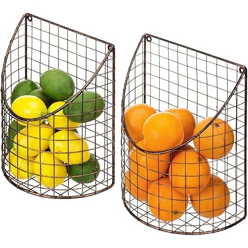 MyGift Antique Copper Metal Wire Wall Mounted Home and Kitchen Pantry Basket Organize, Fruit Basket and Produce Storage Bins, Set of 2