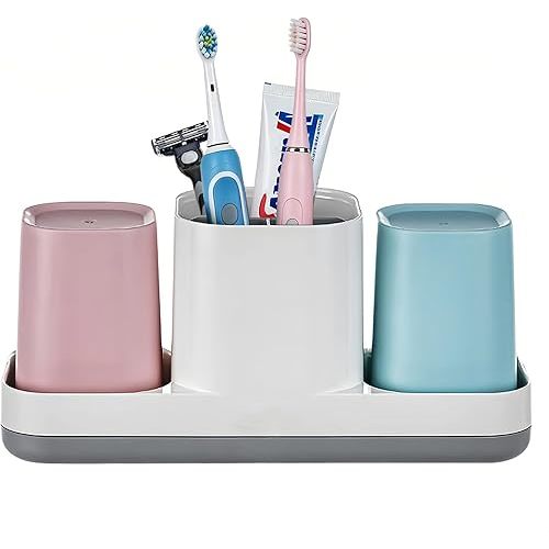Toothbrush Holder for Bathroom, Kids Toothbrush Holder with Cups, Electric Toothbrush Holder for Bathroom Decor, Kids Bathroom Accessories Set with Toothpaste Holder, Pink & Blue