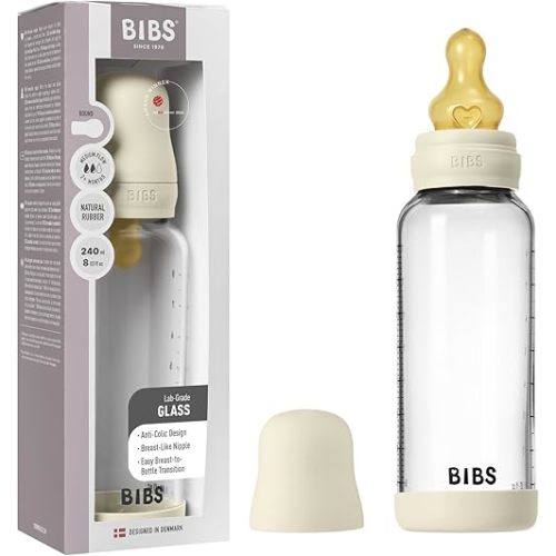 BIBS Baby Glass Bottle. 240ml. Anti-Colic. Vented Round Natural Rubber Latex Nipple. Supports Natural Breastfeeding, Medium Flow, Complete Set - 240 ml, Ivory