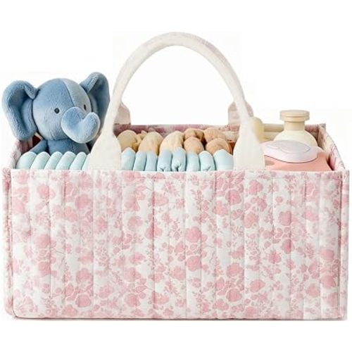 Quilted Fabric Storage Basket Floral Baby Diaper Caddy Quilted Basket Organizer for Newborn Nursery Bedroom Car Storage (Light pink floral)