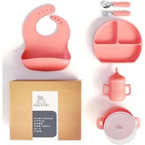 mimi & kiki BPA-Free Silicone Baby Feeding Set, Baby Plates and Bowls Set, Baby Led Weaning Supplies, Silicone Suction Plate, Baby Utensils, Bib and Cup, Self Feeding, Dishwasher Safe (Pink)