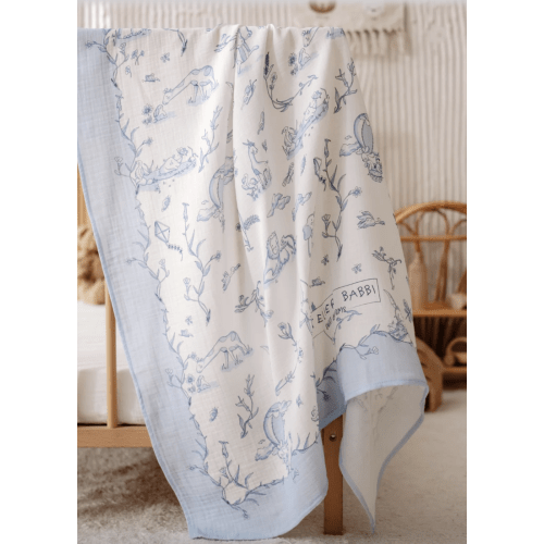 Toile De Jouy/Blue Muslin Swaddle | Double-Layer Baby Blanket