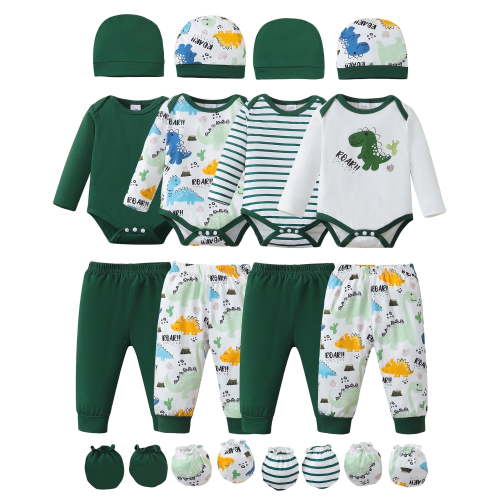 KIMI BEAR Newborn Baby Boys Layette Set Winter Outfits Long Sleeves Dinosaur Print Romper Top Pants Gloves Hats 4 Packs Shower Gifts 16 Piece Set Green NB