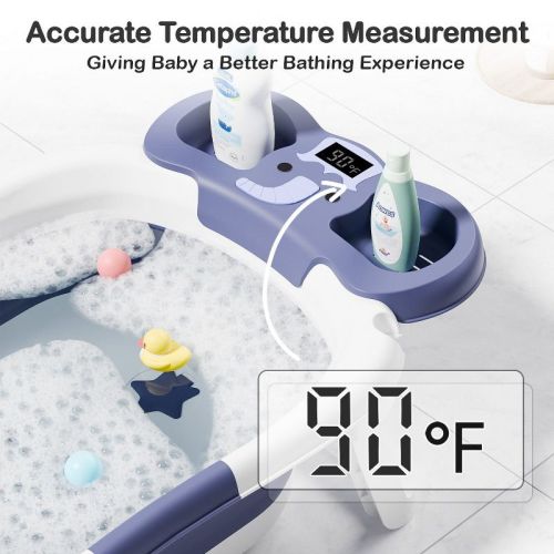 TUMAJUP Foldable Elephant Baby Bathtub for Infants and Toddlers with Soft Cushion and Thermometer-Blue