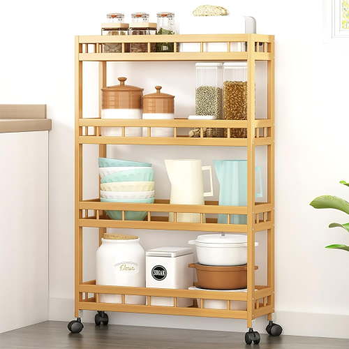4-Tier Slim Storage Kitchen Cart, Utility Cart Storage Shelf Rack on Wheels, 7.1 Inch Width Baker's Rack for Narrow Place, Bamboo