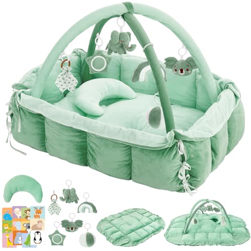 5-in-1 Baby Play Gym and Tummy Time Mat, Tummy Time Pillow & 12 Learning Cards, Plush Activity Mat with 6 Toys, Baby Gym, Convertible to Ball Pit, Baby Gift, Sage Green