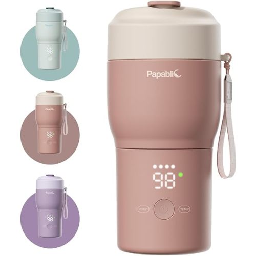 Papablic Pro Portable Bottle Warmer for Travel– Fast Heating, Steam Sterilizer, 30W Fast Charge, 5-Temp Control, Easy-Clean Wide Mouth, Baby Milk Warmer for Breastmilk & Formula, Almond Rose