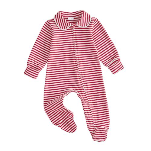 Seyurigaoka Newborn Baby Boy Girl Romper Long Sleeve Zipper Jumpsuit | Cotton Blend, Peter Pan Collar, Footed, Footless, Gingham Striped, Multi Color, Newborn Infant Toddler Fall Winter Clothes