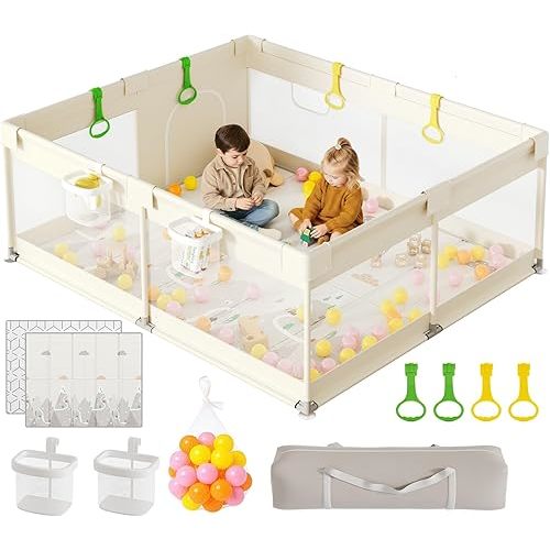 ZEEBABA Baby Playpen with Mat - 71x59in Extra Large Play Pen Play Yard for Indoor & Outdoor, Baby Fence Playard with Gate, Play Area for Toddler Parc pour Bébé (Beige)