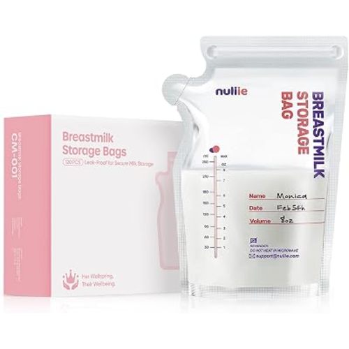Nuliie 120 Pcs Breastmilk Storage Bags Freezer, 8 OZ Breast Milk Storing Bags, BPA-Free, Milk Storage Bags with Pour Spout for Breastfeeding, Self-Standing Bag, Space Saving Flat Profile
