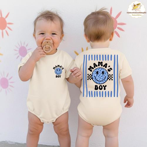 Mama's Boy Smiley Face Striped Baby Romper, Gift for First Mom to be, Pregnancy Announcement Baby tee, Baby Shower Gift, Newborn Boy Apparel