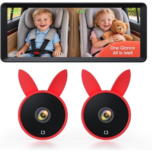 Double Car Camera Baby Monitor for 2 Kids 7.2'' Split Screen | HD 1080P with Auto IR Night Vision & Wide Angle Lens, Easy Setup for Infant Rear Facing Car Mirror(Red)