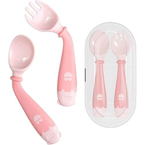 Deejoy Toddler Utensils with Travel Case, Baby Spoons and Forks Set for Self Feeding, Silicone Bendable Handle, Easy Grip Heat-Resistant, Self-feeding Flatware Sets for Kids (Stage 2) Pink