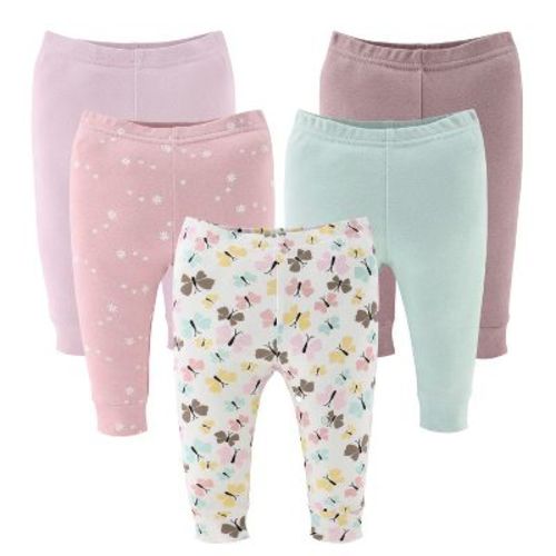 The Peanutshell Butterfly Kisses Baby Girl Pants, 5-Pack Set, Multicolored, Newborn