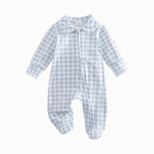 felwors Newborn Baby Boy Girl Gingham Footed Romper Peter Pan Collar Infant Long Sleeve Zipper Jumpsuit Coming Home Outfit (Sky Blue,Newborn)