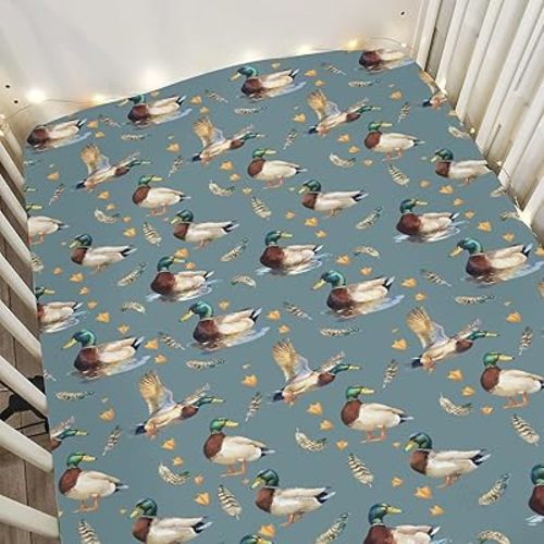Vintage Mallard Ducks Baby Crib Sheets for Boy Girl 52"x28" Retro Duck Hunting Soft Snug Fitted Crib Mattress Cover Wild Birds Feathers Nursery Baby Sheet for Standard Crib & Toddler Bed Mattress