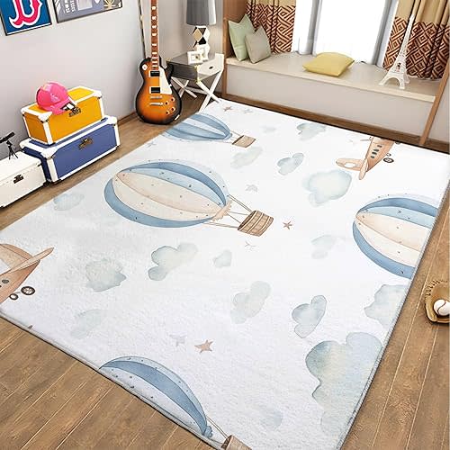 Rugs for Living Room 5x8 ft Area Rugs Watercolor Airplane and Hot Air Balloon Machine Washable Rug Soft Carpet Low Pile Non Slip Large Rugs for Bedroom Nursery Office Dining Room Home Deco