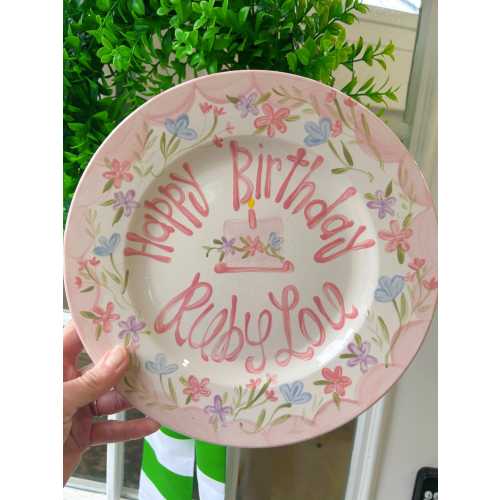 Personalized Birthday Plate: Hand-Painted pink border Wildflowers, Heirloom Ceramic