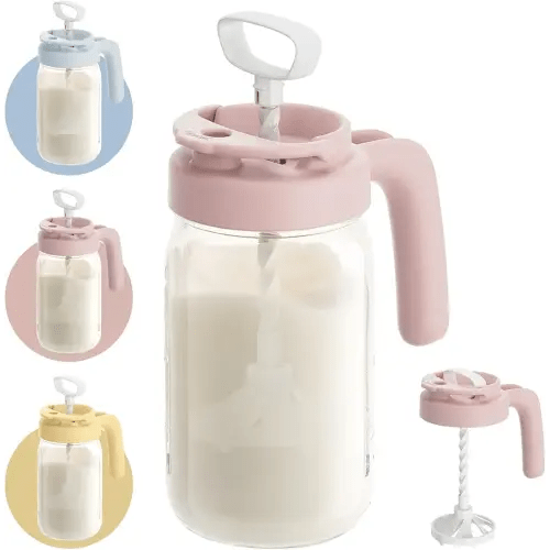 Papablic Glass Breastmilk Pitcher, Fast Baby Formula Maker with Mixing Handle Lid, Wide Mouth Mason Jar Breast Milk Storage Container with Flip-Lock Spout, BPA-Free, Pink.