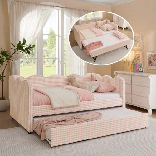Deiokin, Twin Size Gingham Daybed with Trundle, Pink, USB Port